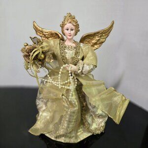 Vtg Pacific Rim Hand Made Angel Tree Topper Gold Wings/Dress Pearls Flowers EUC